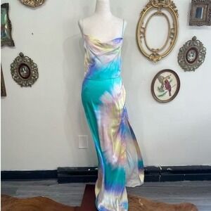 Retrofête Tie-Dye Satin Maxi Slip Dress Sleeveless Size Large
